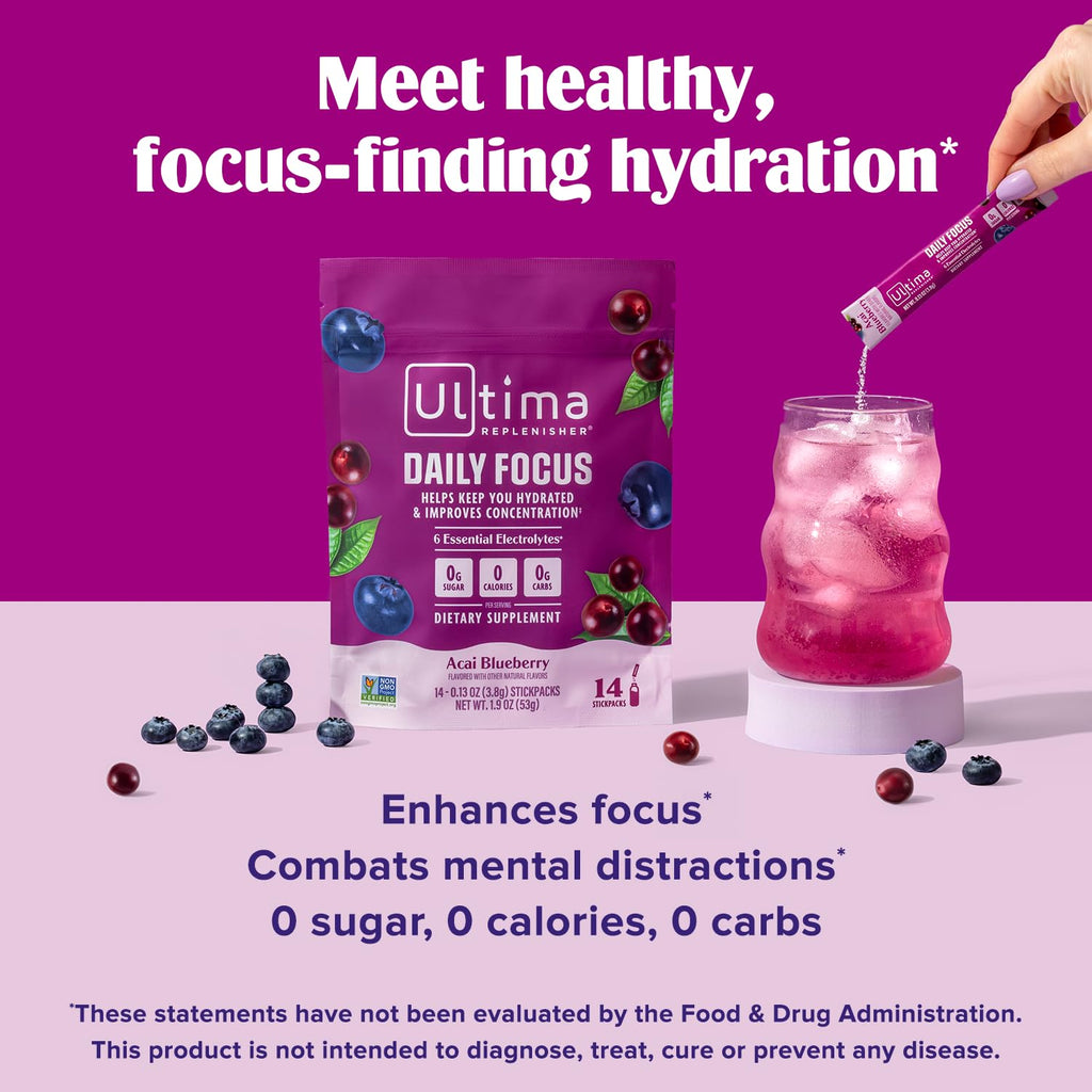 Ultima Replenisher Daily Focus Supplement & Electrolytes Powder - Acai Blueberry, 14 Stickpacks - Hydration Packets, 60mg Caffeine from Green Tea Extract & L-Theanine - FENGGESTORE20