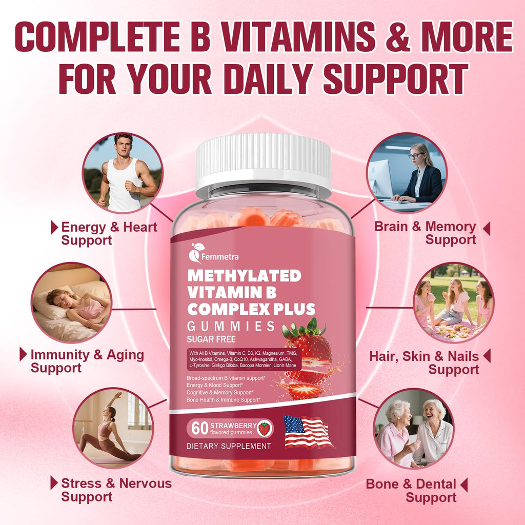 Ultra Methylated Vitamin B Complex Sugar Free Gummies - All B Vitamins + Vitamin C D3 K2 Ashwagandha Magnesium Omega 3 CoQ10 for Women Men - Methyl Vitamin B12 - FENGGESTORE20