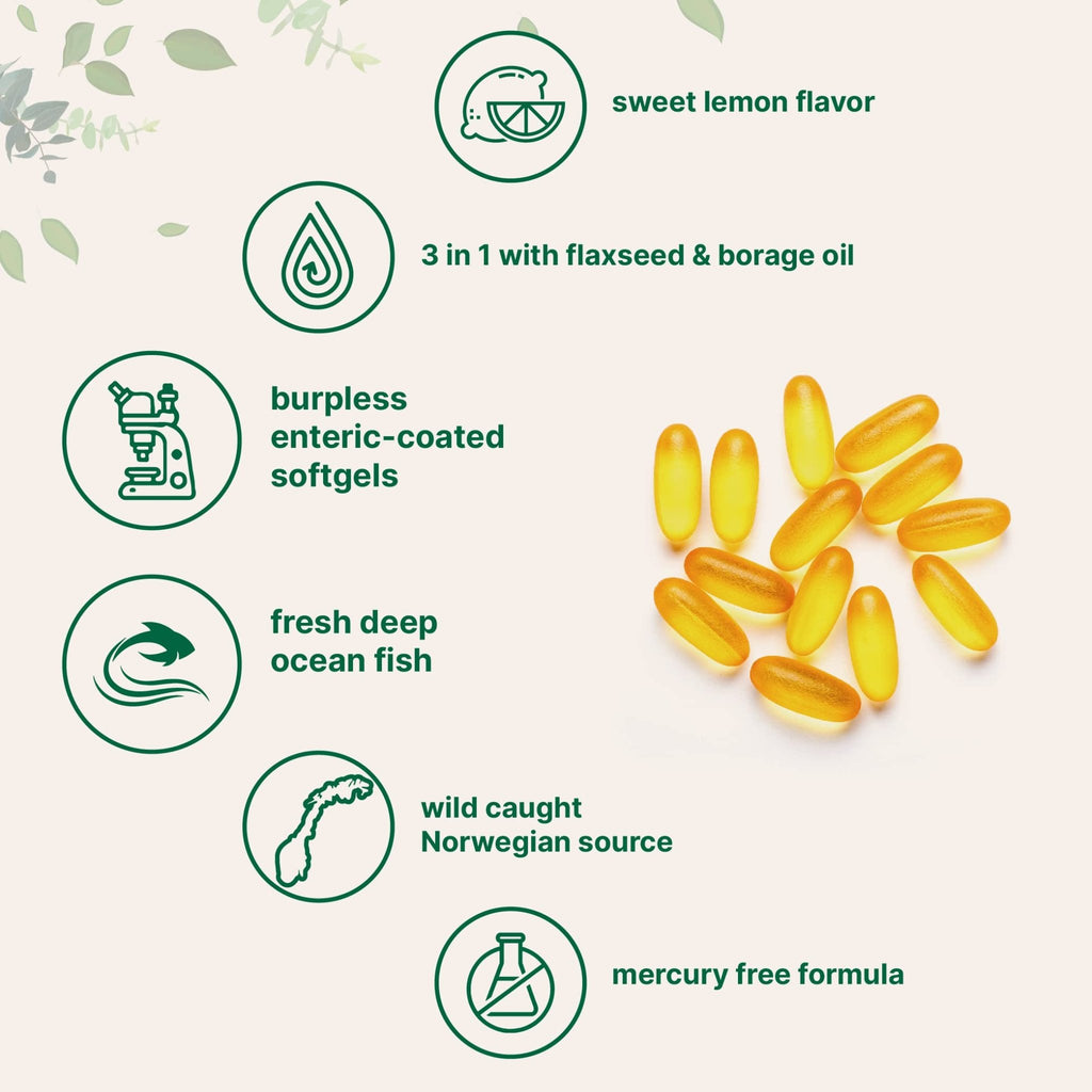 Ultra Omega 3-6-9 3600mg Per Serving, 300 Burpless Softgels | Lemon Flavor – Blend of Fish, Flaxseed, Borage Oils | Bioavailable Source - FENGGESTORE20