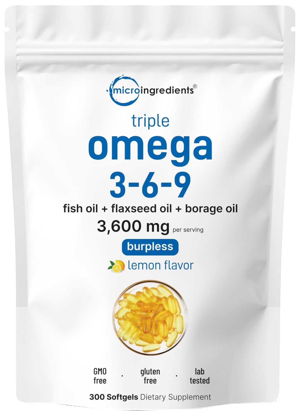 Ultra Omega 3-6-9 3600mg Per Serving, 300 Burpless Softgels | Lemon Flavor – Blend of Fish, Flaxseed, Borage Oils | Bioavailable Source - FENGGESTORE20