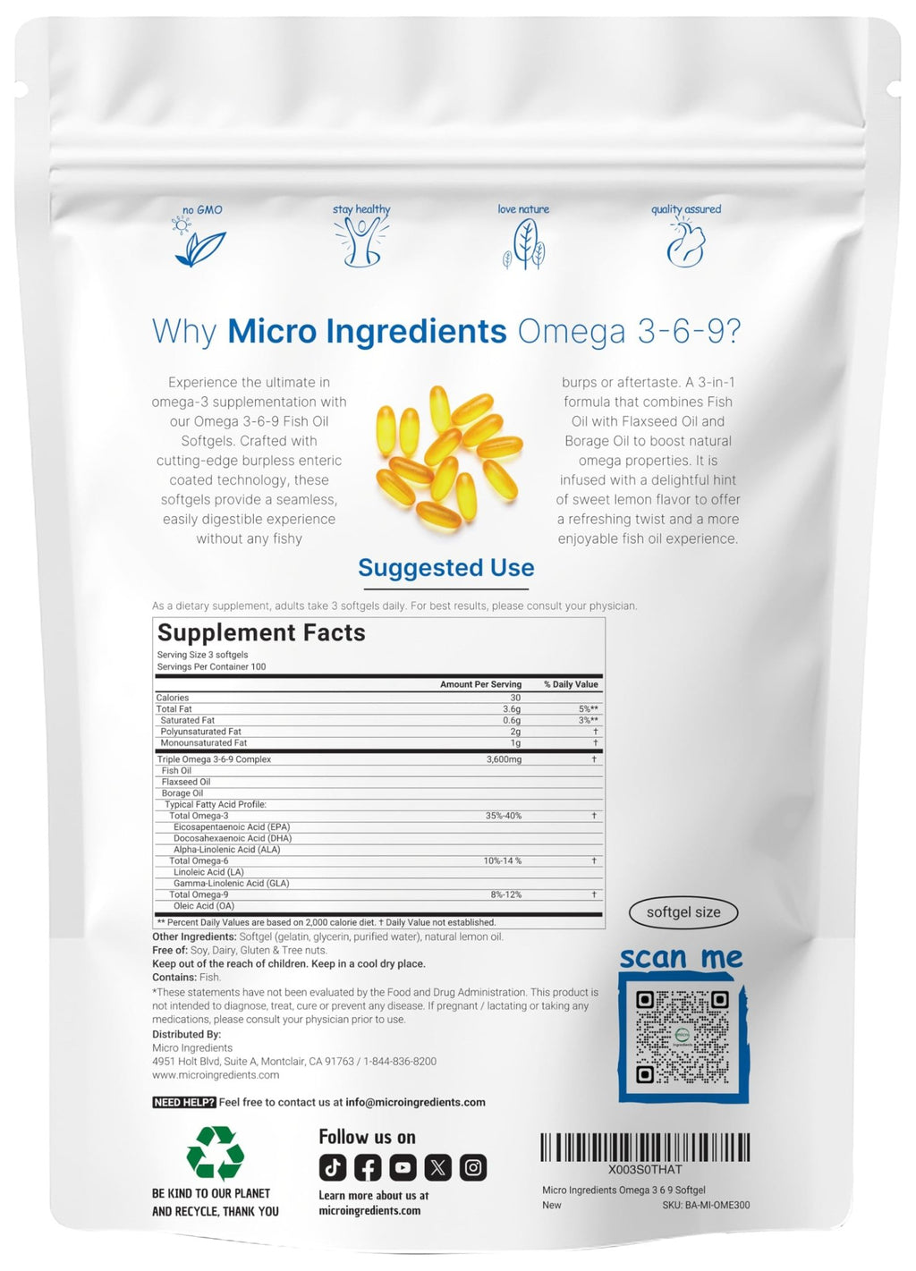 Ultra Omega 3-6-9 3600mg Per Serving, 300 Burpless Softgels | Lemon Flavor – Blend of Fish, Flaxseed, Borage Oils | Bioavailable Source - FENGGESTORE20