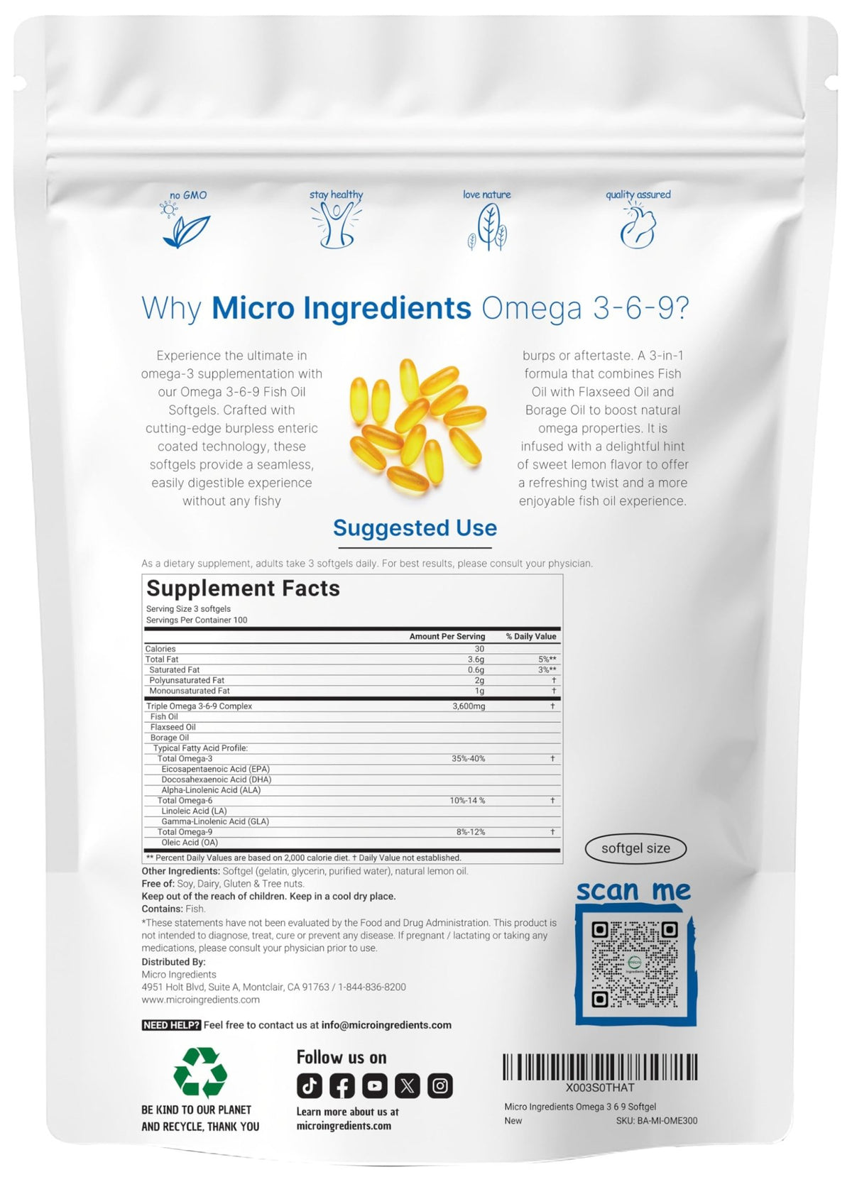 Ultra Omega 3-6-9 3600mg Per Serving, 300 Burpless Softgels | Lemon Flavor – Blend of Fish, Flaxseed, Borage Oils | Bioavailable Source - FENGGESTORE20