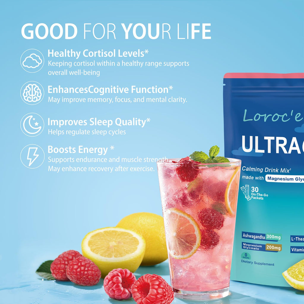 UltraCalm Super Cortisol Drink with Magnesium Glycinate, Ashwagandha, L-Theanine, Vitamin D3, Magnesium Powder for Sleep & Stress Relief - FENGGESTORE20