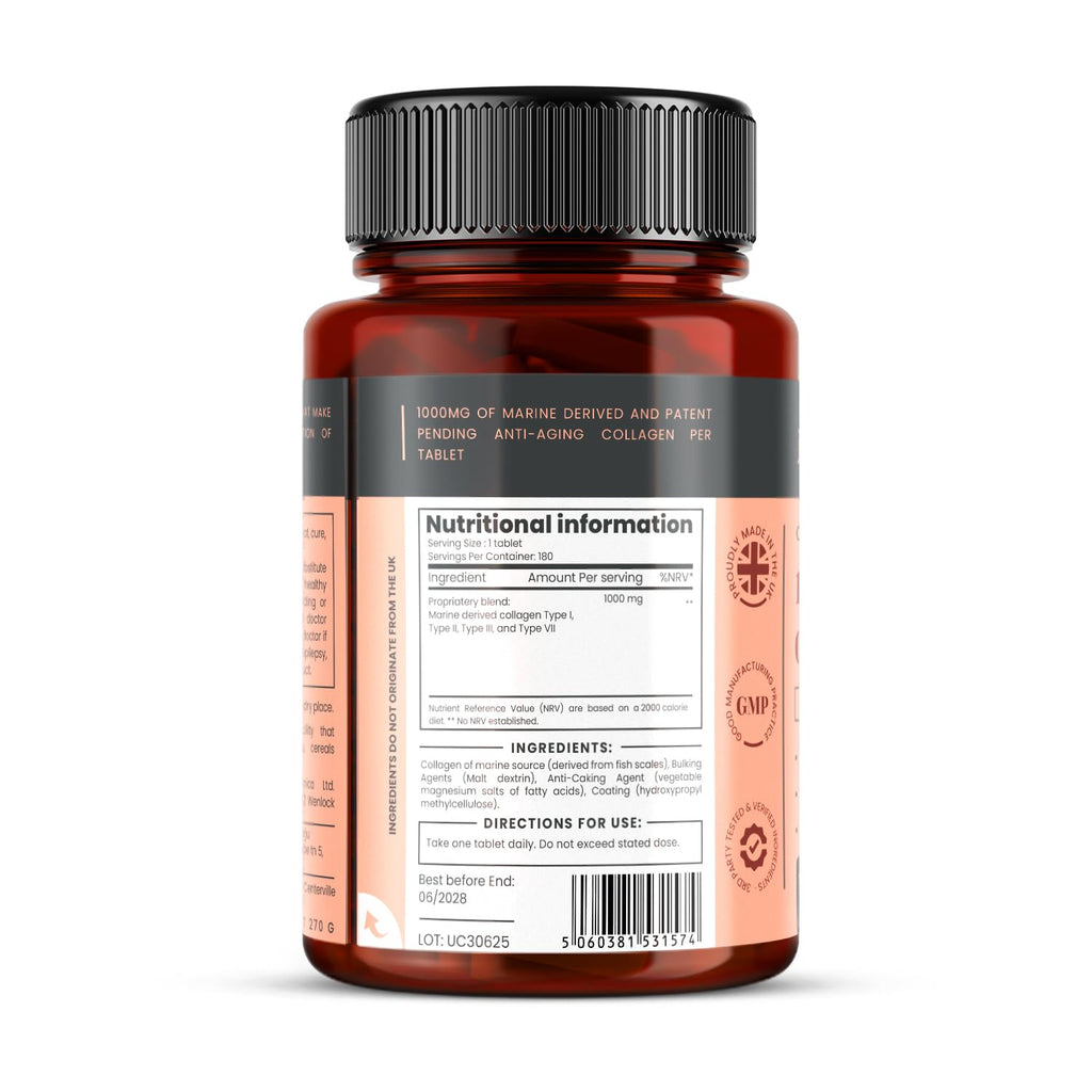 UltraColl Marine Collagen 1000mg x 180 Tablets (6 Months Supply). The only Patented Anti-Aging Collagen Types I, II, III, and VII. - FENGGESTORE20