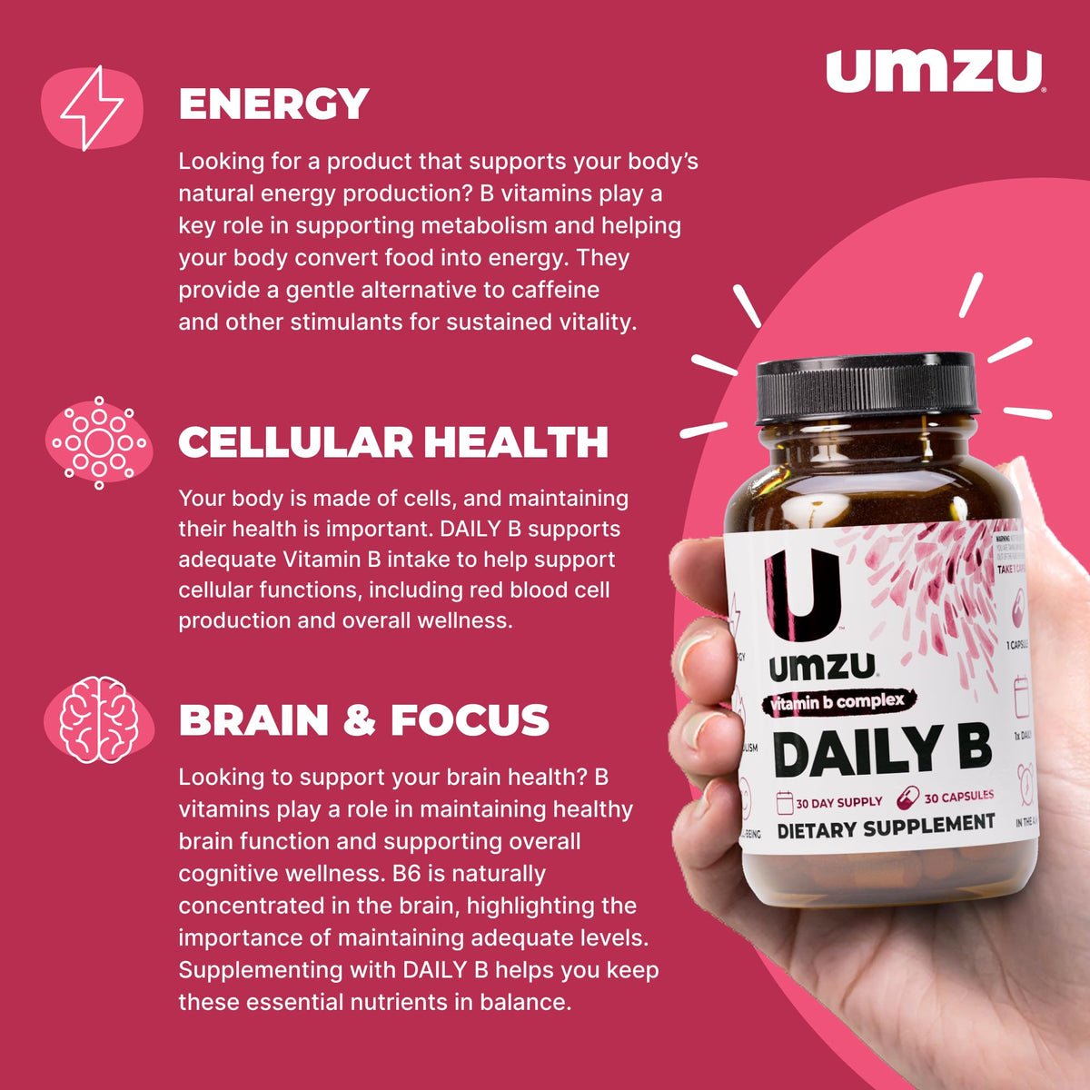UMZU Daily B, 30 Day Supply – Complete Vitamin B Complex Supplement Blend with B1, B2, B3, B5, B6, B7, B9 & B12 Plus Folic Acid & Biotin – Supports Energy, Focus, Mood, - FENGGESTORE20
