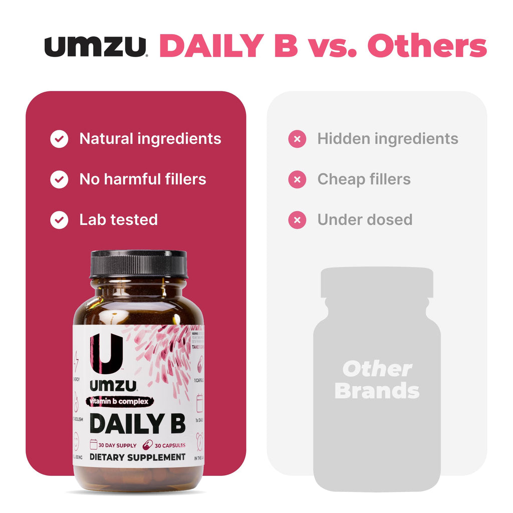 UMZU Daily B, 30 Day Supply – Complete Vitamin B Complex Supplement Blend with B1, B2, B3, B5, B6, B7, B9 & B12 Plus Folic Acid & Biotin – Supports Energy, Focus, Mood, - FENGGESTORE20
