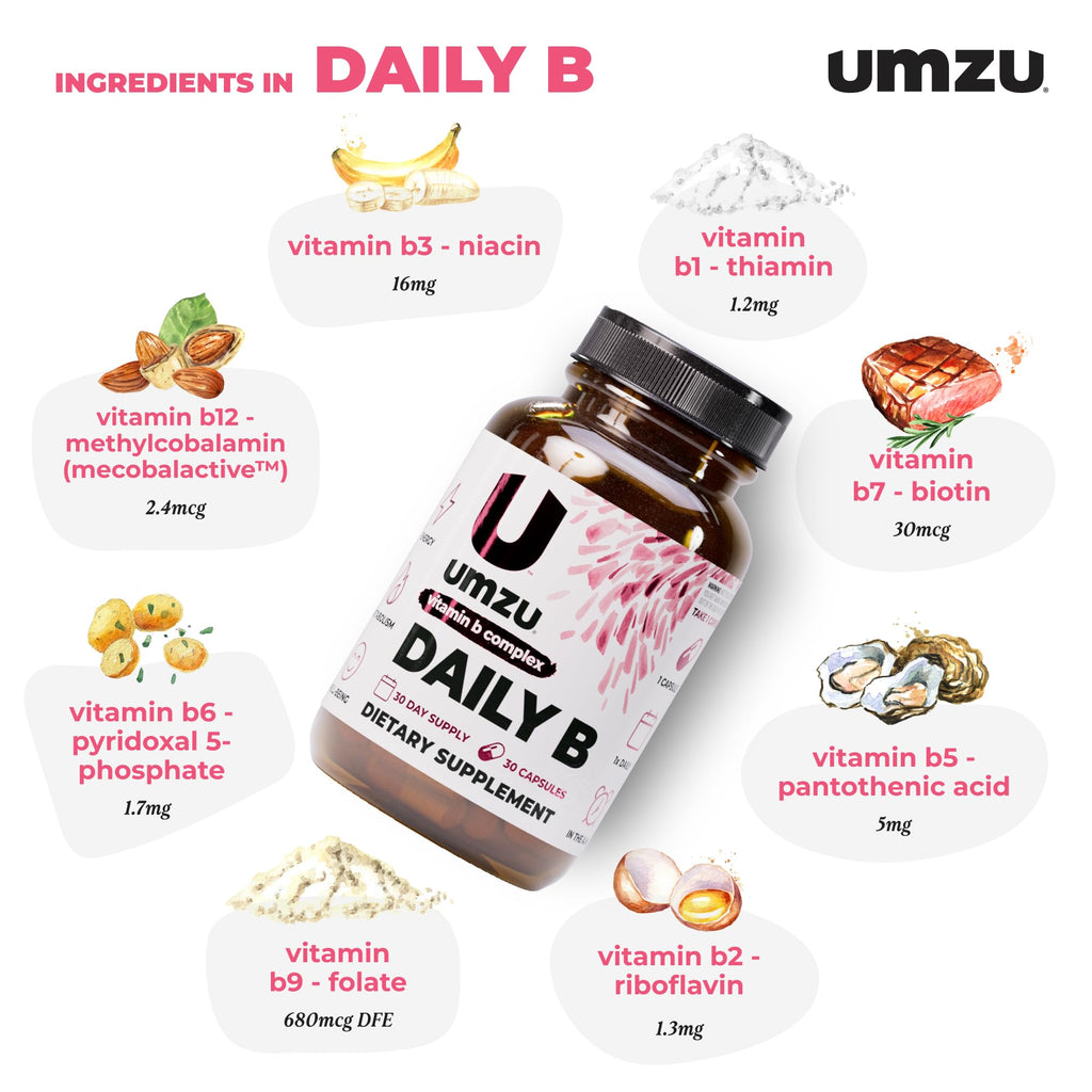 UMZU Daily B, 30 Day Supply – Complete Vitamin B Complex Supplement Blend with B1, B2, B3, B5, B6, B7, B9 & B12 Plus Folic Acid & Biotin – Supports Energy, Focus, Mood, - FENGGESTORE20