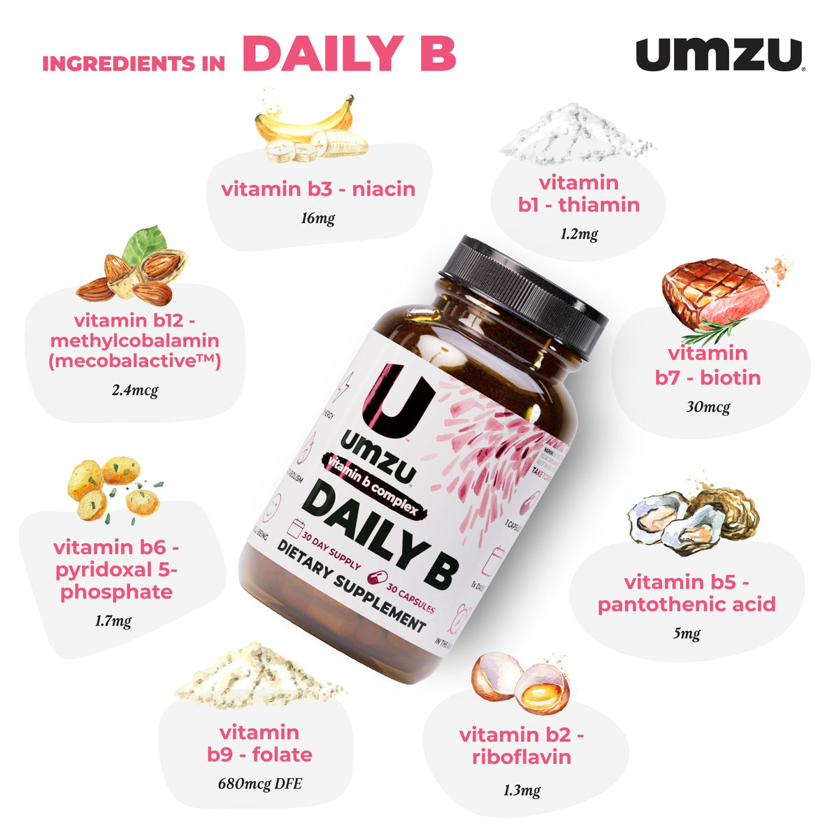 UMZU Daily B, 30 Day Supply – Complete Vitamin B Complex Supplement Blend with B1, B2, B3, B5, B6, B7, B9 & B12 Plus Folic Acid & Biotin – Supports Energy, Focus, Mood, - FENGGESTORE20