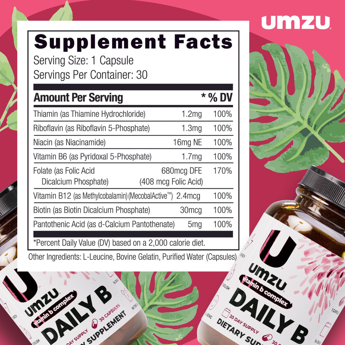 UMZU Daily B, 30 Day Supply – Complete Vitamin B Complex Supplement Blend with B1, B2, B3, B5, B6, B7, B9 & B12 Plus Folic Acid & Biotin – Supports Energy, Focus, Mood, - FENGGESTORE20