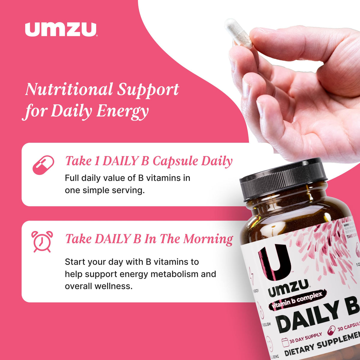 UMZU Daily B, 30 Day Supply – Complete Vitamin B Complex Supplement Blend with B1, B2, B3, B5, B6, B7, B9 & B12 Plus Folic Acid & Biotin – Supports Energy, Focus, Mood, - FENGGESTORE20