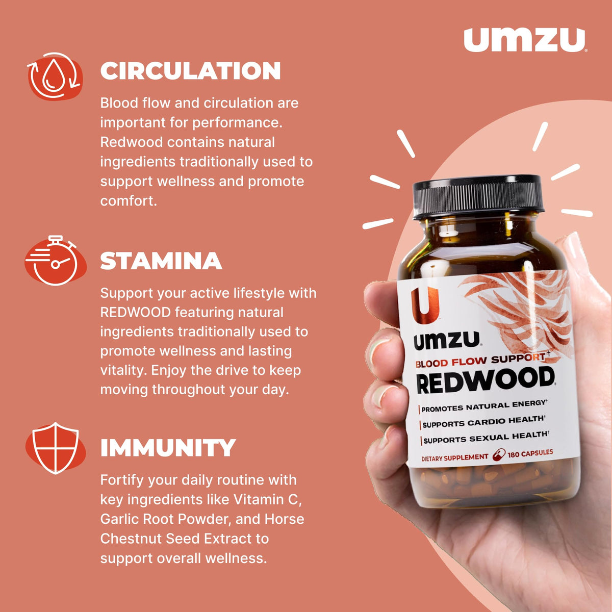 UMZU Redwood Nitric Oxide Booster, (30 Day Supply) – Vitamin C, Garlic & Horse Chestnut – Healthy Circulation & Endurance – Daily Cardiovascular Support Nitric Oxide - FENGGESTORE20