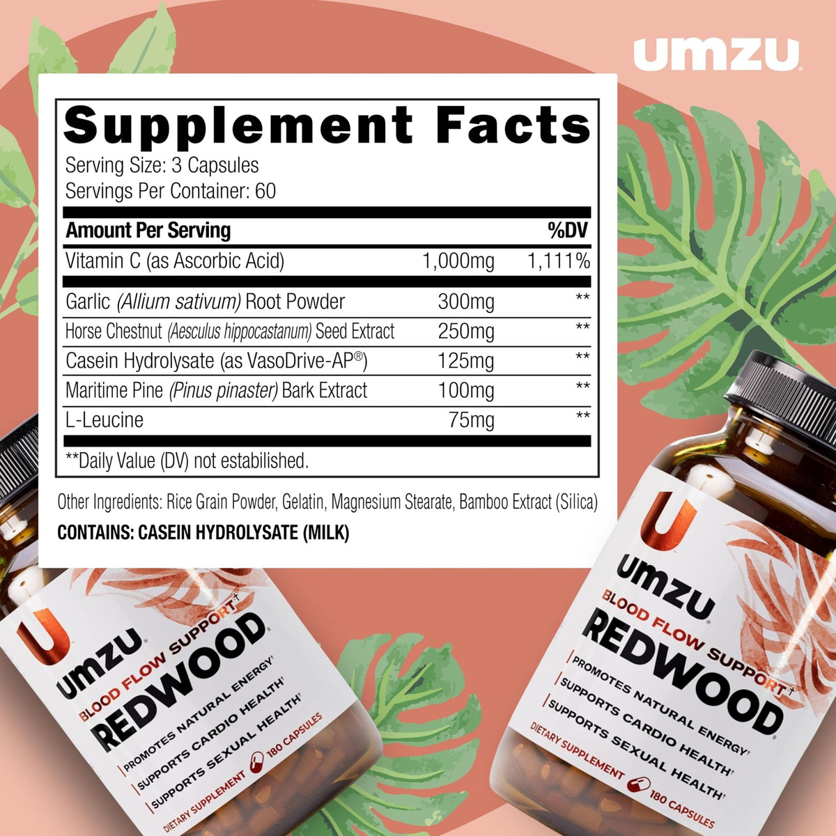 UMZU Redwood Nitric Oxide Booster, (30 Day Supply) – Vitamin C, Garlic & Horse Chestnut – Healthy Circulation & Endurance – Daily Cardiovascular Support Nitric Oxide - FENGGESTORE20
