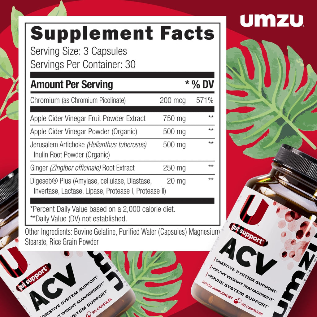 UMZU zuACV Apple Cider Vinegar + Prebiotics Supplement, (30 Day Supply) – ACV & Inulin Fiber Blend – Gut Health Support with ACV Capsules - FENGGESTORE20