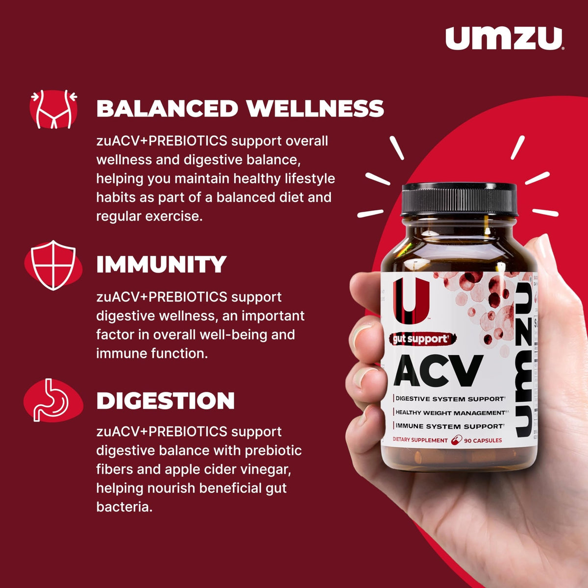 UMZU zuACV Apple Cider Vinegar + Prebiotics Supplement, (30 Day Supply) – ACV & Inulin Fiber Blend – Gut Health Support with ACV Capsules - FENGGESTORE20
