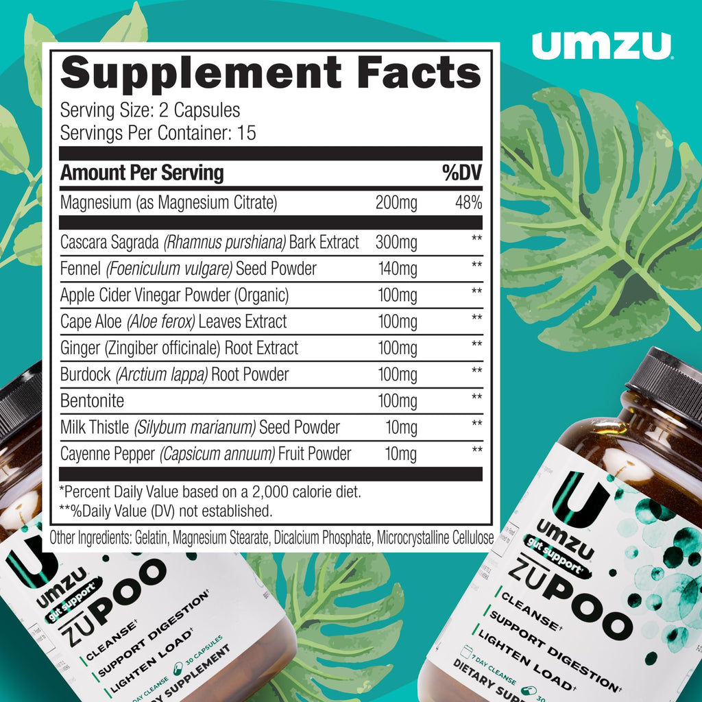 UMZU zuPOO Gut Cleanse Detox, 30 Capsules – 7-Day Natural Colon Cleanse with Cascara Sagrada & Magnesium Citrate – Vegan, Non-GMO - FENGGESTORE20