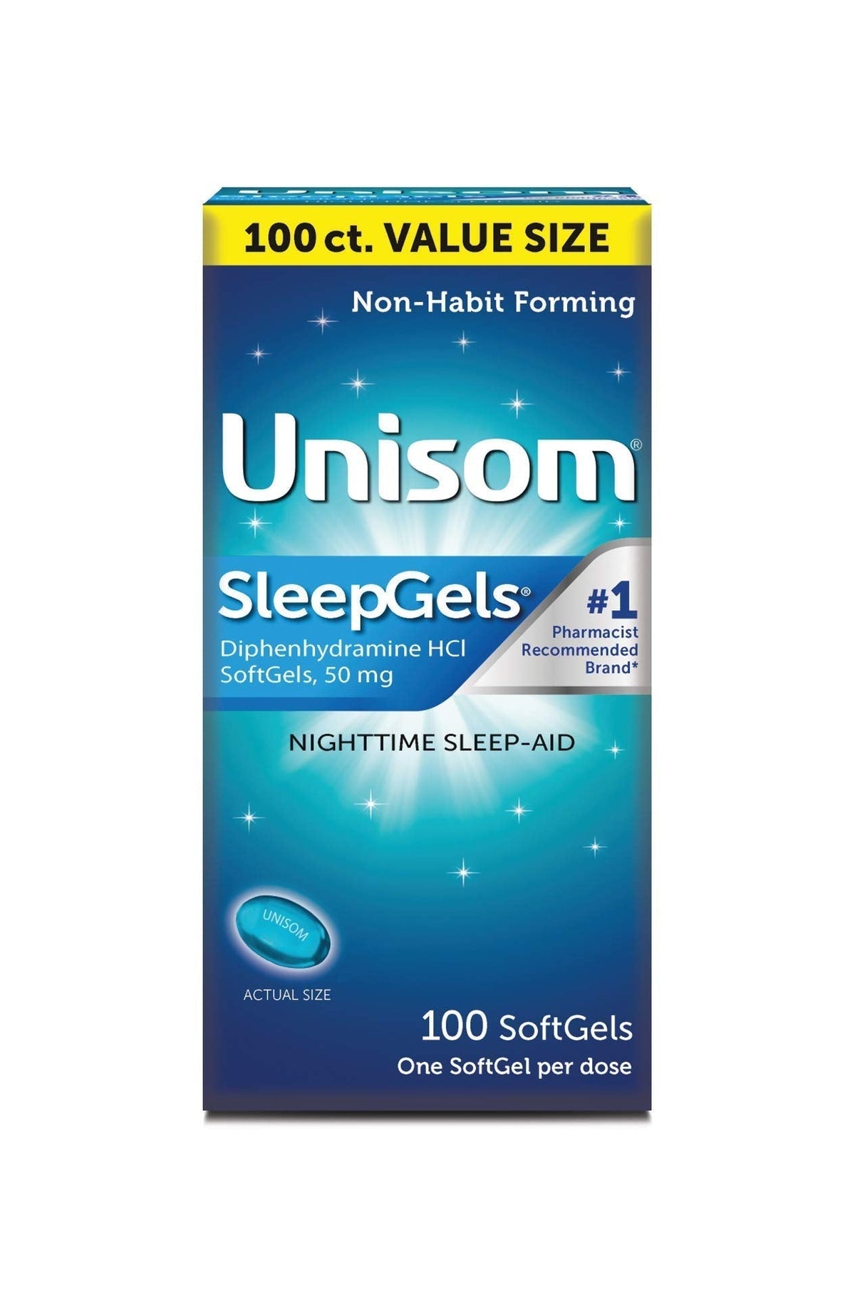 Unisom Nighttime Sleep-Aid Gels, Diphenhydramine HCI 50mg, 100 Count - FENGGESTORE20