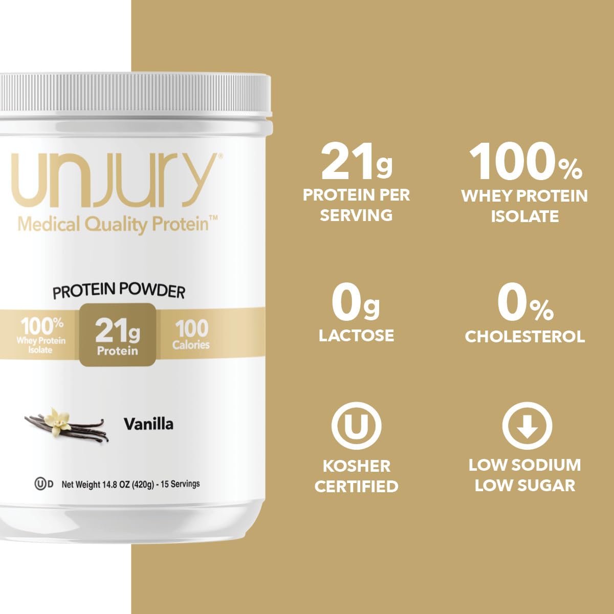 Unjury Whey Protein Powder | Vanilla | 21g 100% Whey Isolate Protein Powder | Low Carb and Lactose Free | Gluten Free | Certified Kosher | 15 Servings - FENGGESTORE20