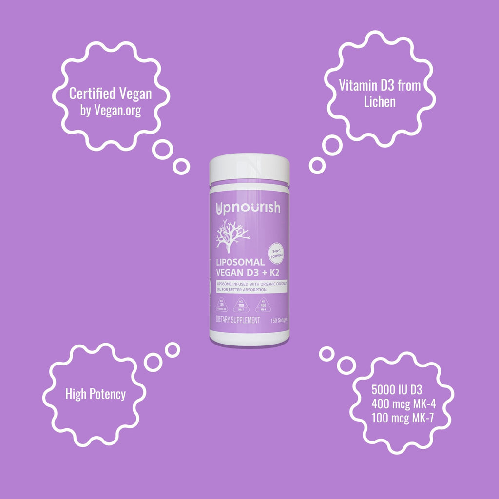 UpNourish Certified Vegan Vitamin D3 5000 IU K2 MK4 MK7 500 mcg Supplement, 150 Softgels, Plant Based Liposomal Vitamin D K with Organic - FENGGESTORE20