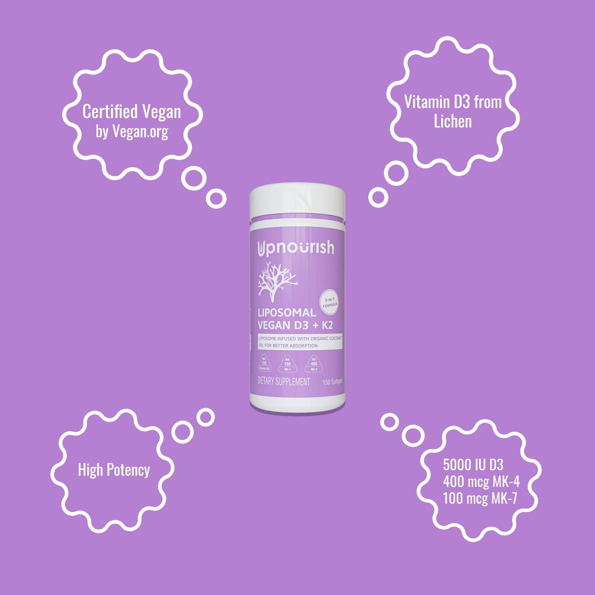 UpNourish Certified Vegan Vitamin D3 5000 IU K2 MK4 MK7 500 mcg Supplement, 150 Softgels, Plant Based Liposomal Vitamin D K with Organic - FENGGESTORE20