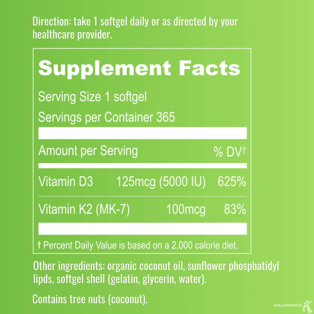 UpNourish Liposomal D3 K2 MK-7 – 365 Mini softgels with Organic Coconut Oil - 5000 IU 125 mcg Vitamin D3 and 100 mcg Vitamin k2 - FENGGESTORE20