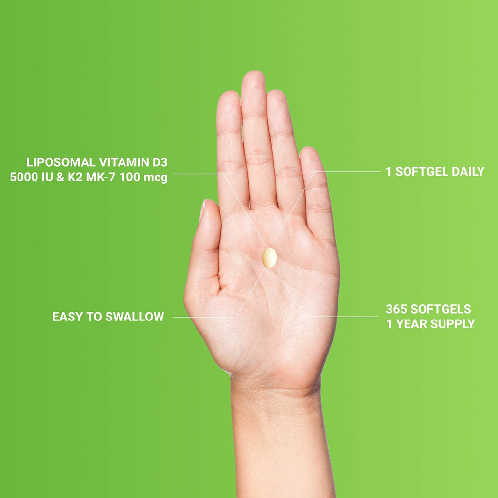 UpNourish Liposomal D3 K2 MK-7 – 365 Mini softgels with Organic Coconut Oil - 5000 IU 125 mcg Vitamin D3 and 100 mcg Vitamin k2 - FENGGESTORE20