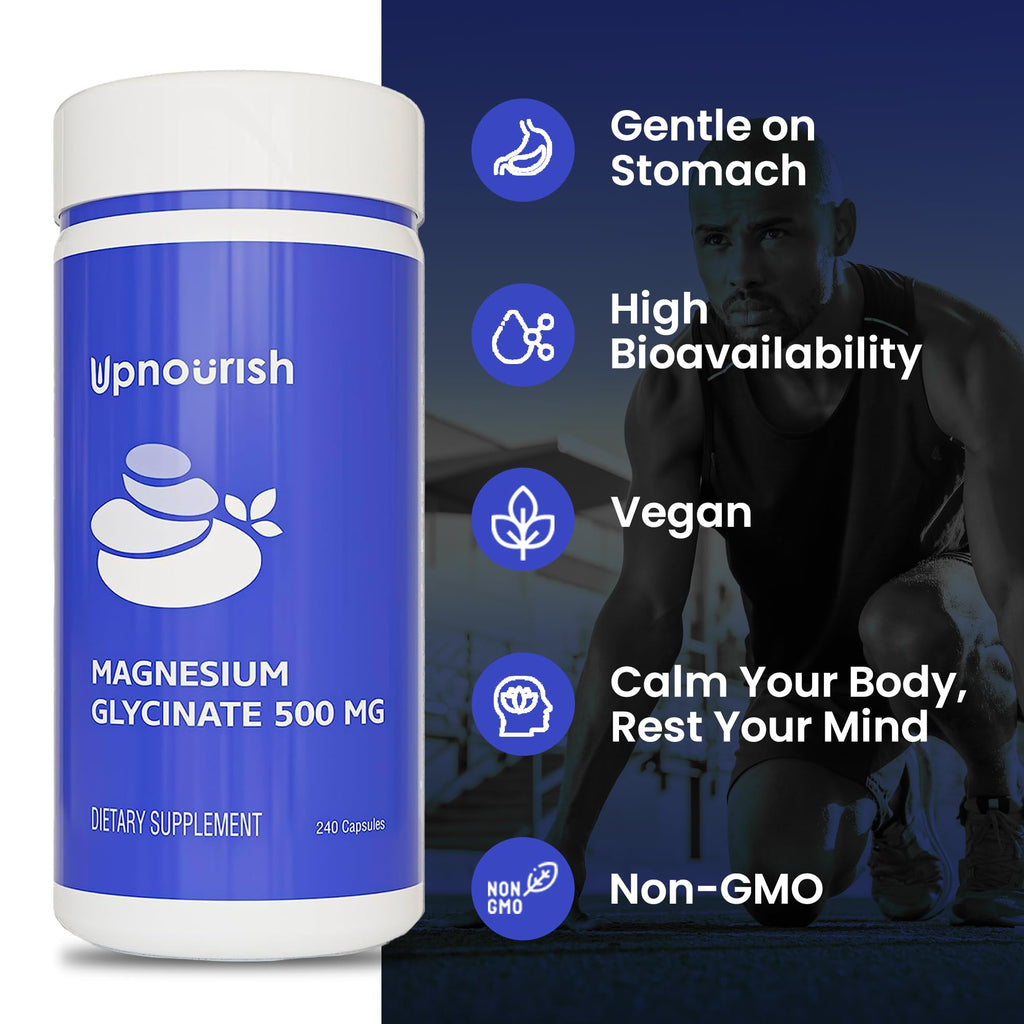UpNourish Magnesium Glycinate Chelate 500mg Capsules - Highly Absorbable Chelated Magnesium - Pure Magnesium Supplemen - FENGGESTORE20
