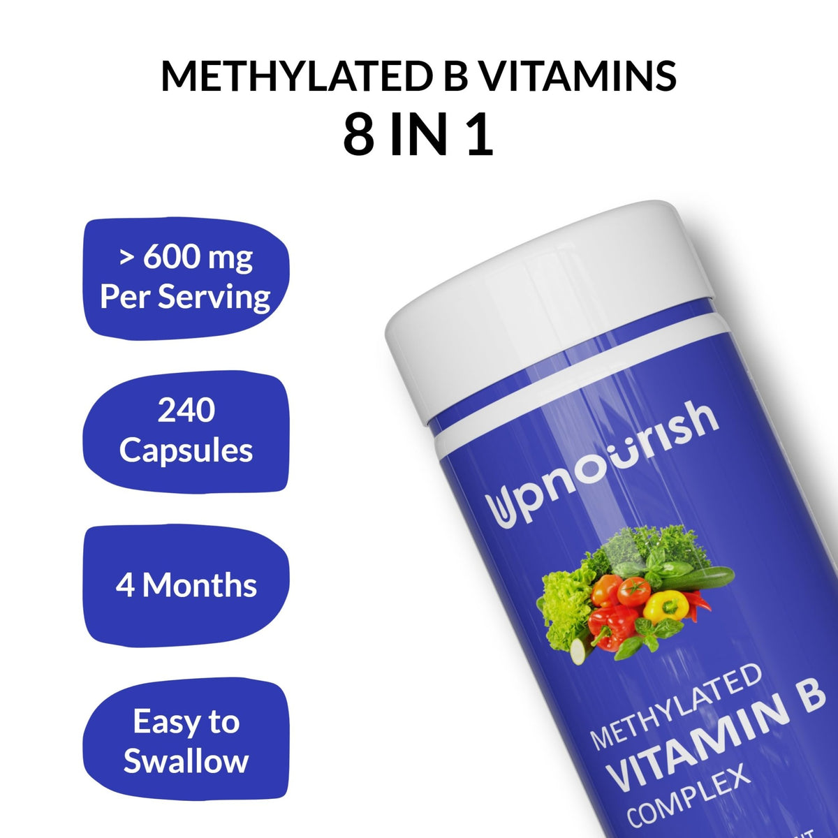 UpNourish Methylated B Complex Vitamins for Women and Men, 240 Veggies Capsules - Active Pure B Complex with Organic Fruits, Vegetables, B1 Thiamine, B2 Riboflavin, - FENGGESTORE20