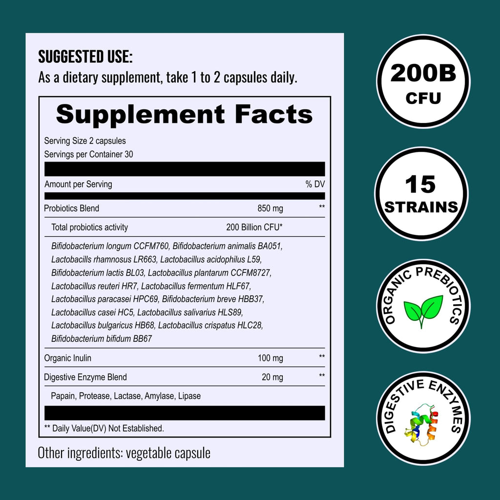 UpNourish Probiotics - 200 Billion CFUs for Men and Women, 15 Clinically Studied Strains, Prebiotics & Enzymes - 60 Vegan Capsules - FENGGESTORE20