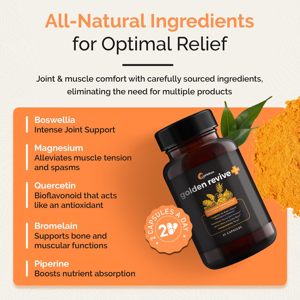 UpWellness Golden Revive + Joint Support Supplement Featuring Turmeric with Black Pepper, Quercetin, and Magnesium- Turmeric Boswellia Supplement - 6 Active Ingredients for Joint Care - 60 Capsules - FENGGESTORE20