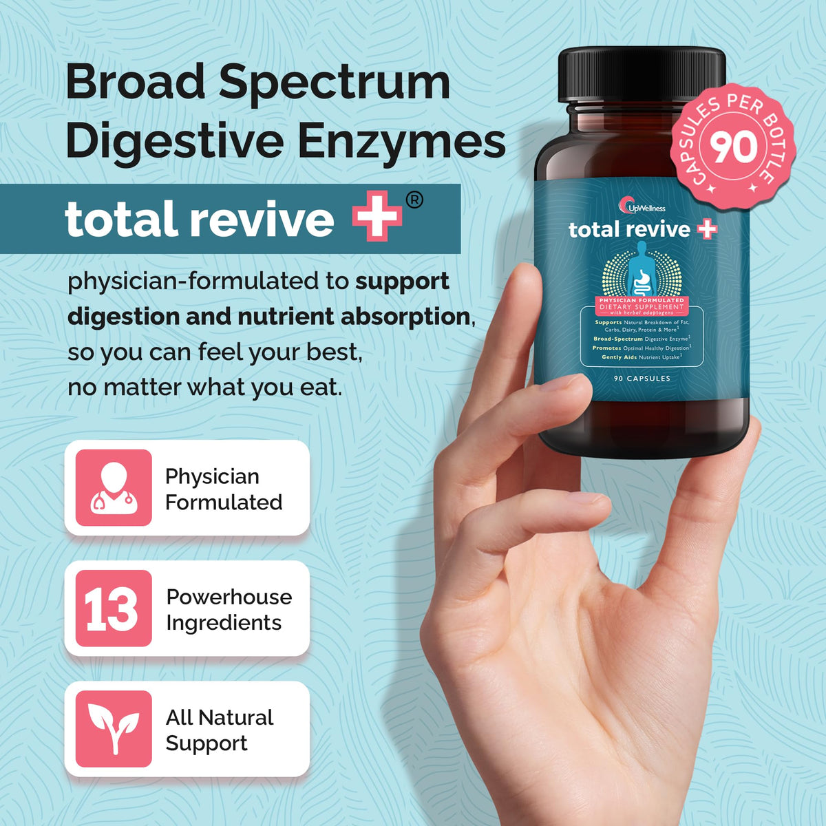 UpWellness Total Revive+ Digestive Enzymes - Broad-Spectrum Enzymes for Digestive Health - Supports Gut Health and Nutrient Absorption - FENGGESTORE20