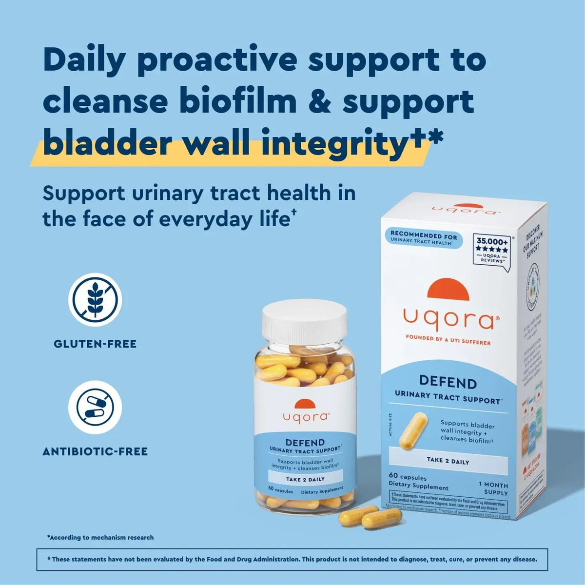 Uqora Defend - Urinary Tract Health Supplement - Support Bladder Health & Cleanse Biofilm* with D-Mannose, Green Tea Extract, Turmeric Extract & More - Gluten-Free - 60 Capsules (30-Day Supply) - FENGGESTORE20
