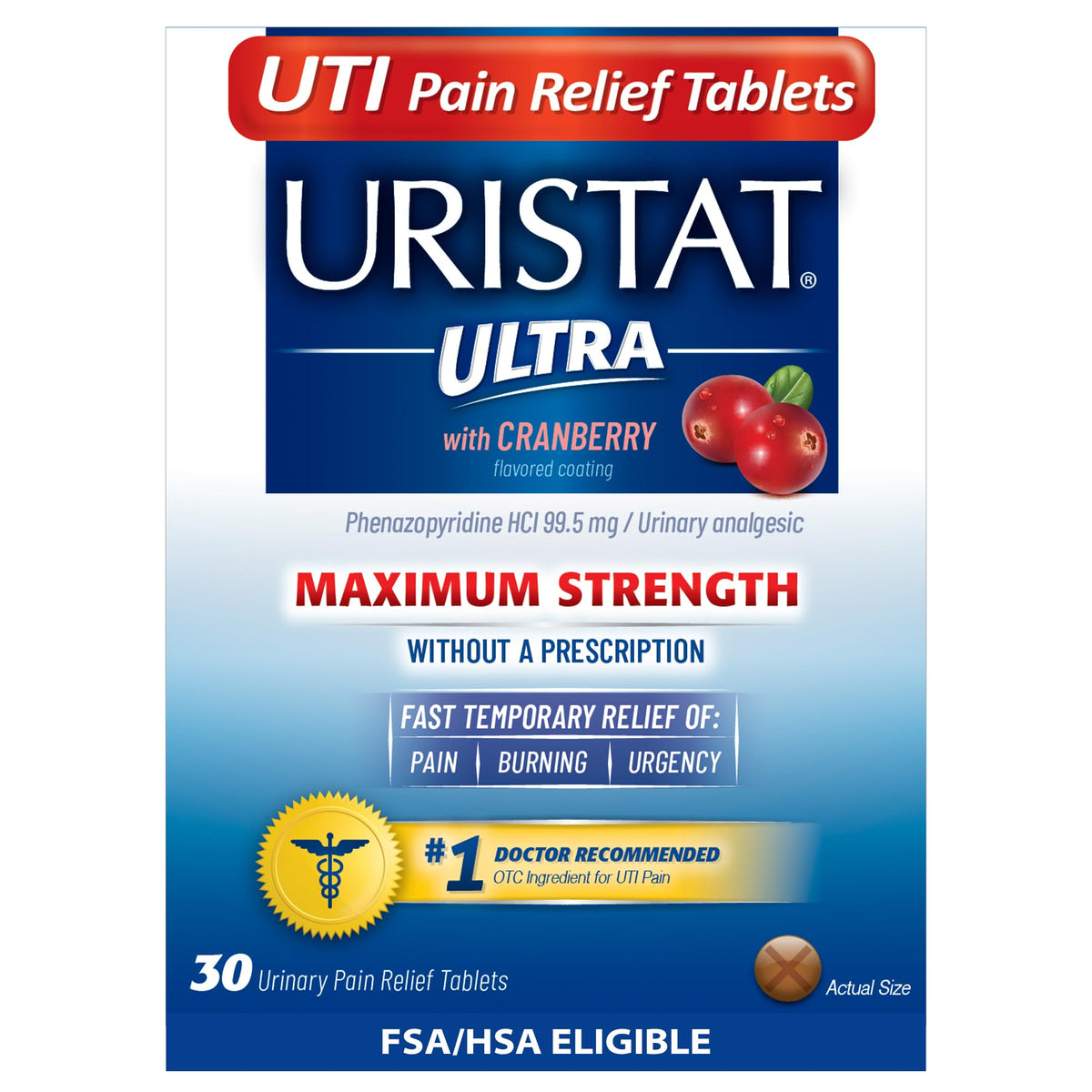 Uristat Ultra Strength UTI Relief Tablets – Ease Urinary Pain, Burning & Urgency, Cranberry Flavor, 30 Count - FENGGESTORE20