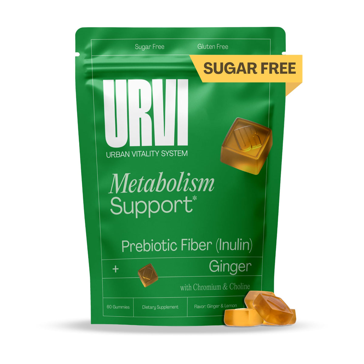 URVI® Metabolism Support Gummies 4-in-1 – Chromium Picolinate, Choline, Inulin & Ginger Extract - Prebiotic Fiber & Minerals – Gut Health & Digestive Support – Sugar-Free – Ginger-Lemon Flavor, 60pcs - FENGGESTORE20