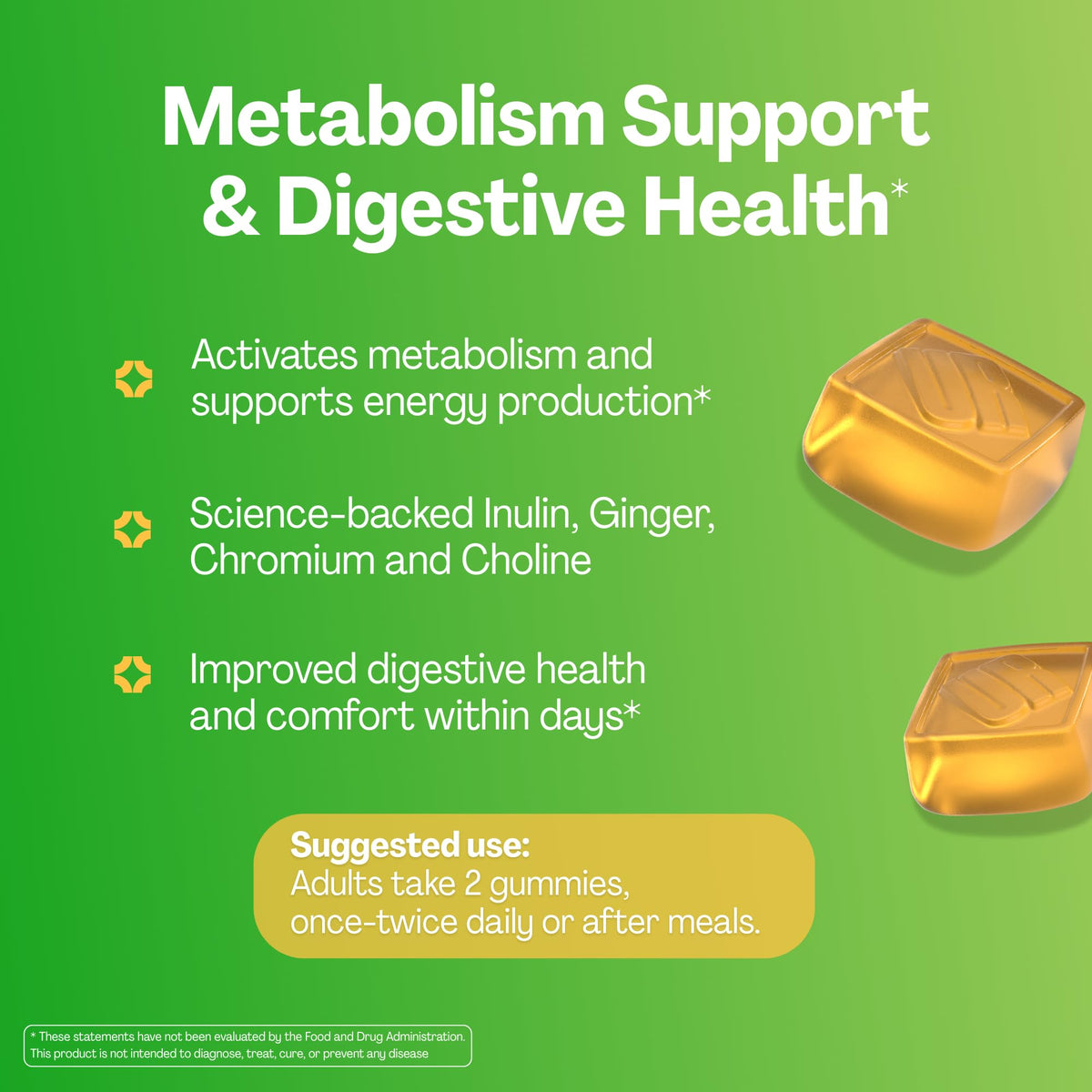 URVI® Metabolism Support Gummies 4-in-1 – Chromium Picolinate, Choline, Inulin & Ginger Extract - Prebiotic Fiber & Minerals – Gut Health & Digestive Support – Sugar-Free – Ginger-Lemon Flavor, 60pcs - FENGGESTORE20