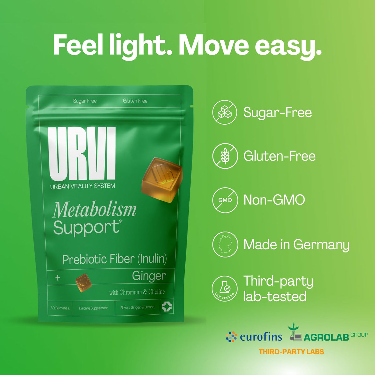 URVI® Metabolism Support Gummies 4-in-1 – Chromium Picolinate, Choline, Inulin & Ginger Extract - Prebiotic Fiber & Minerals – Gut Health & Digestive Support – Sugar-Free – Ginger-Lemon Flavor, 60pcs - FENGGESTORE20