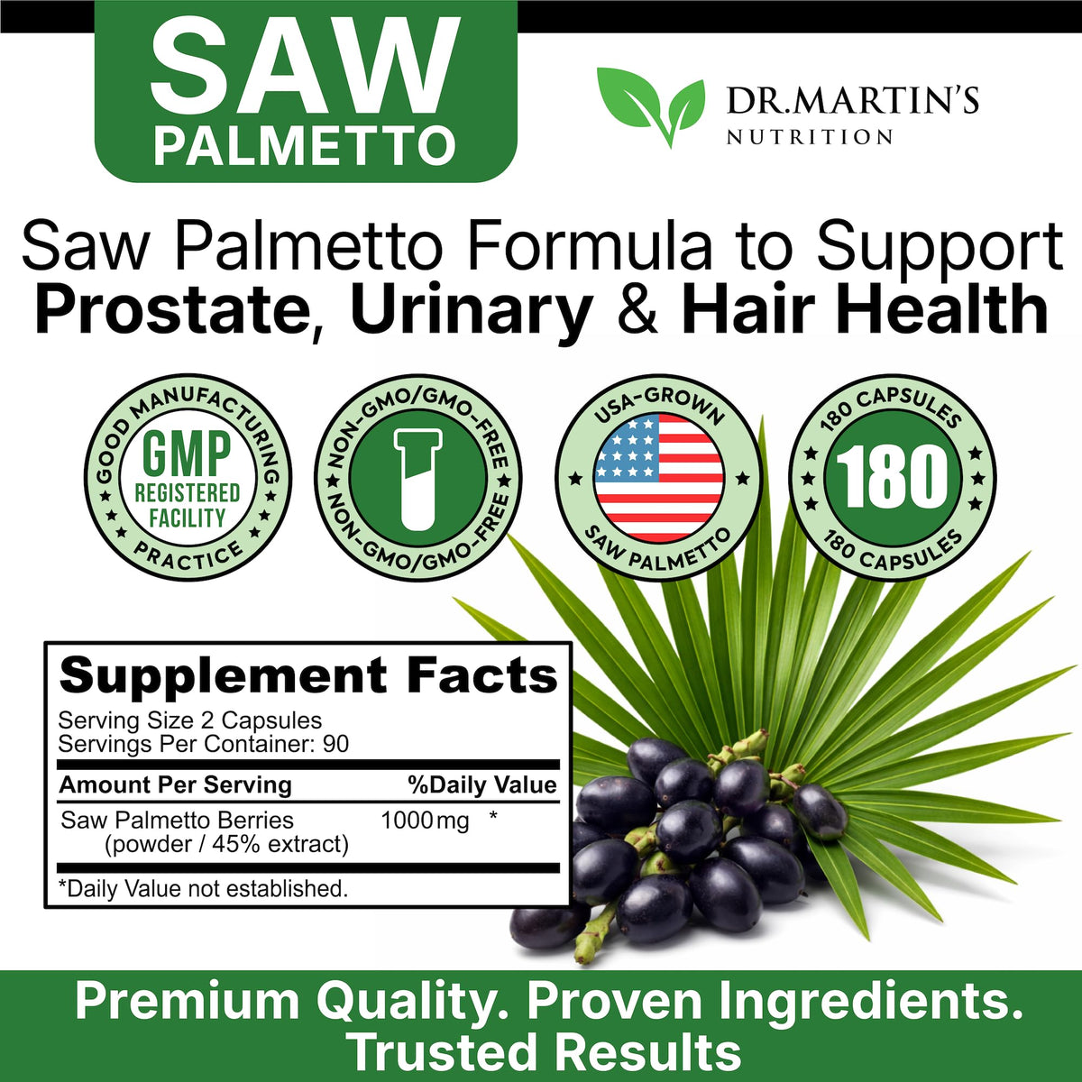 USA Grown Saw Palmetto | 180 Capsules Prostate Health Supplement | Hair Growth for Men & Women | Support to Help Maintain Normal Urination Frequency - FENGGESTORE20