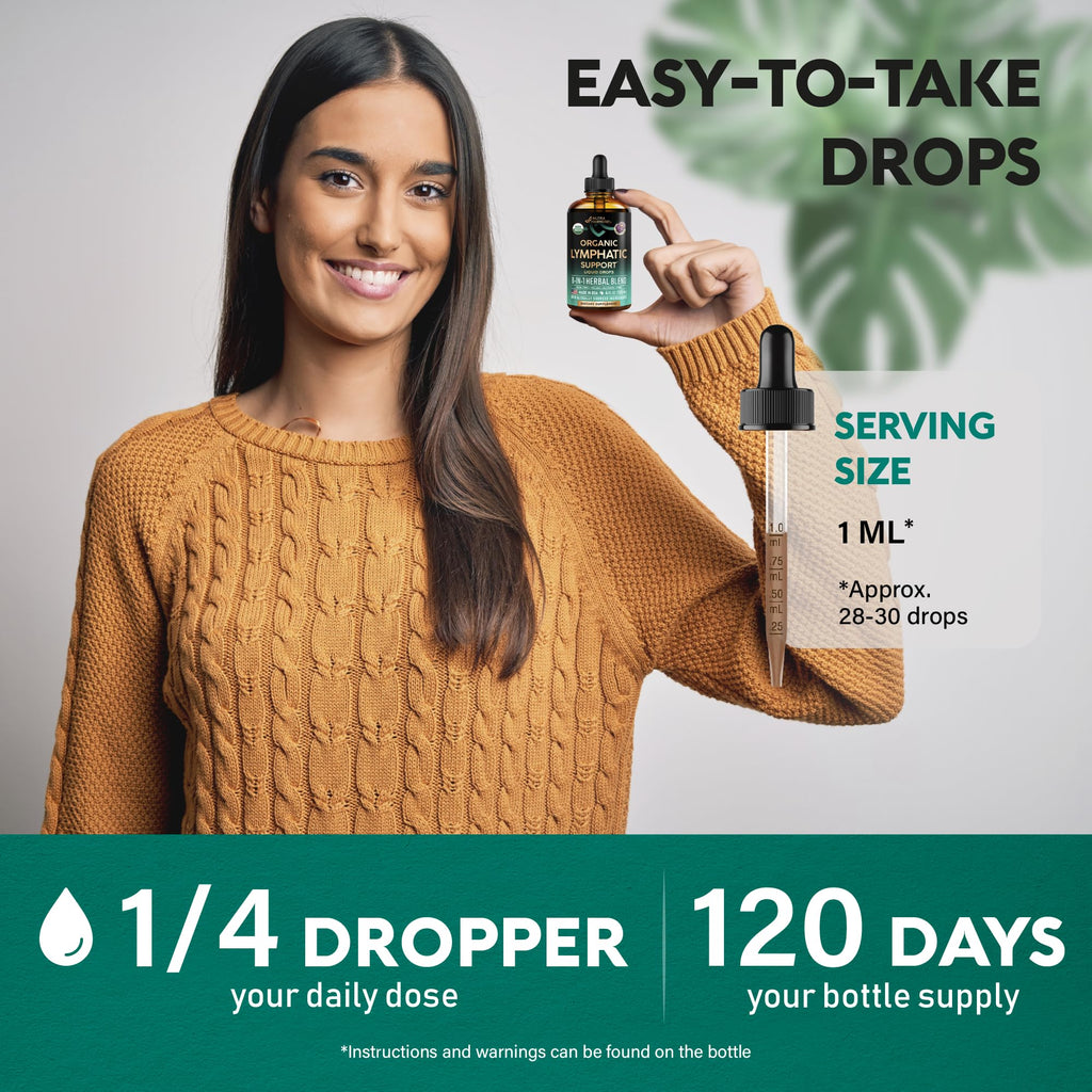 USDA Organic Lymphatic Drainage Supplement - Echinacea | Elderberry | Dandelion | Rosehip | Cleavers | Calendula | Burdock - Made in USA - Lymph System Drops - FENGGESTORE20