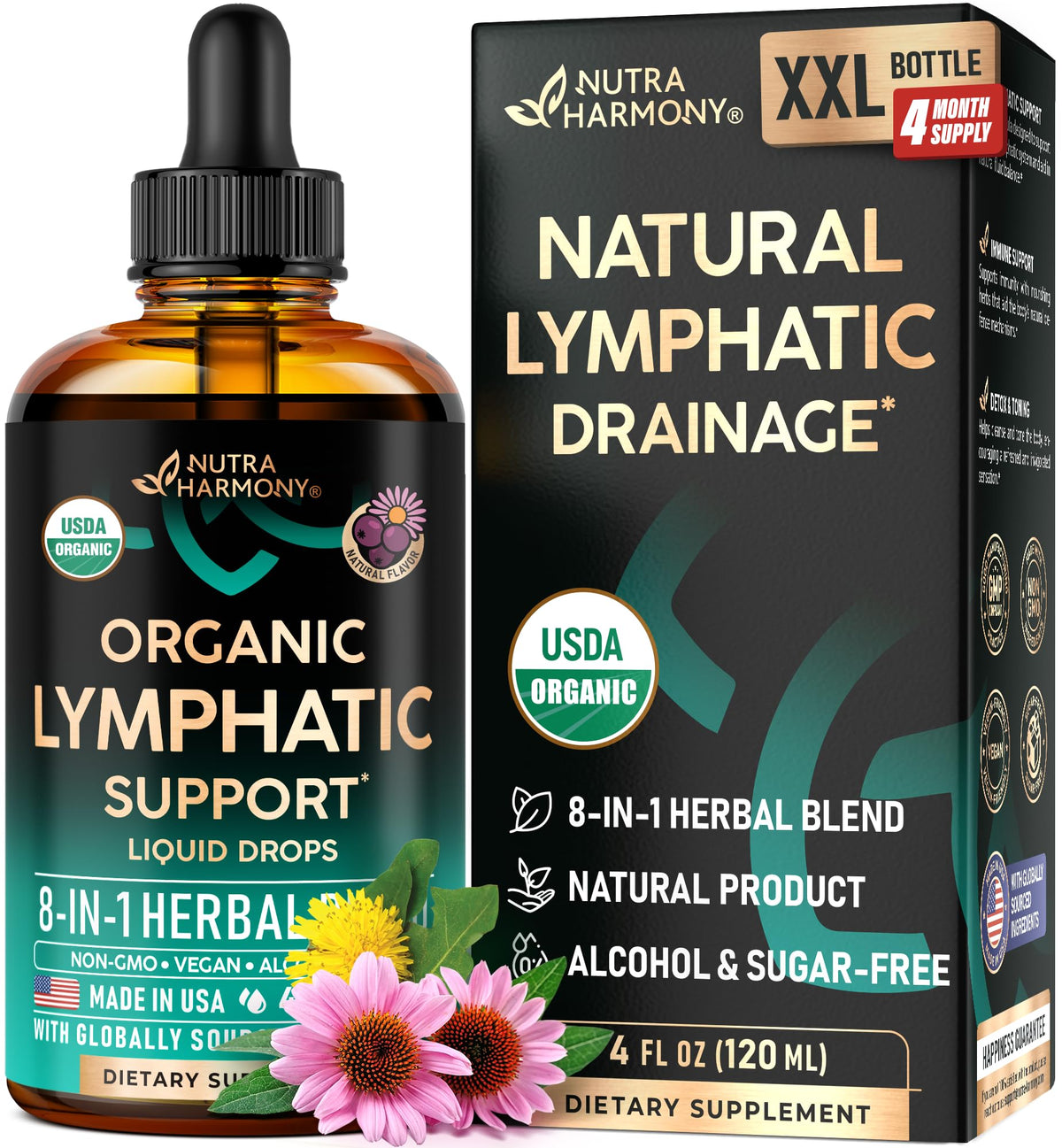 USDA Organic Lymphatic Drainage Supplement - Echinacea | Elderberry | Dandelion | Rosehip | Cleavers | Calendula | Burdock - Made in USA - Lymph System Drops - FENGGESTORE20