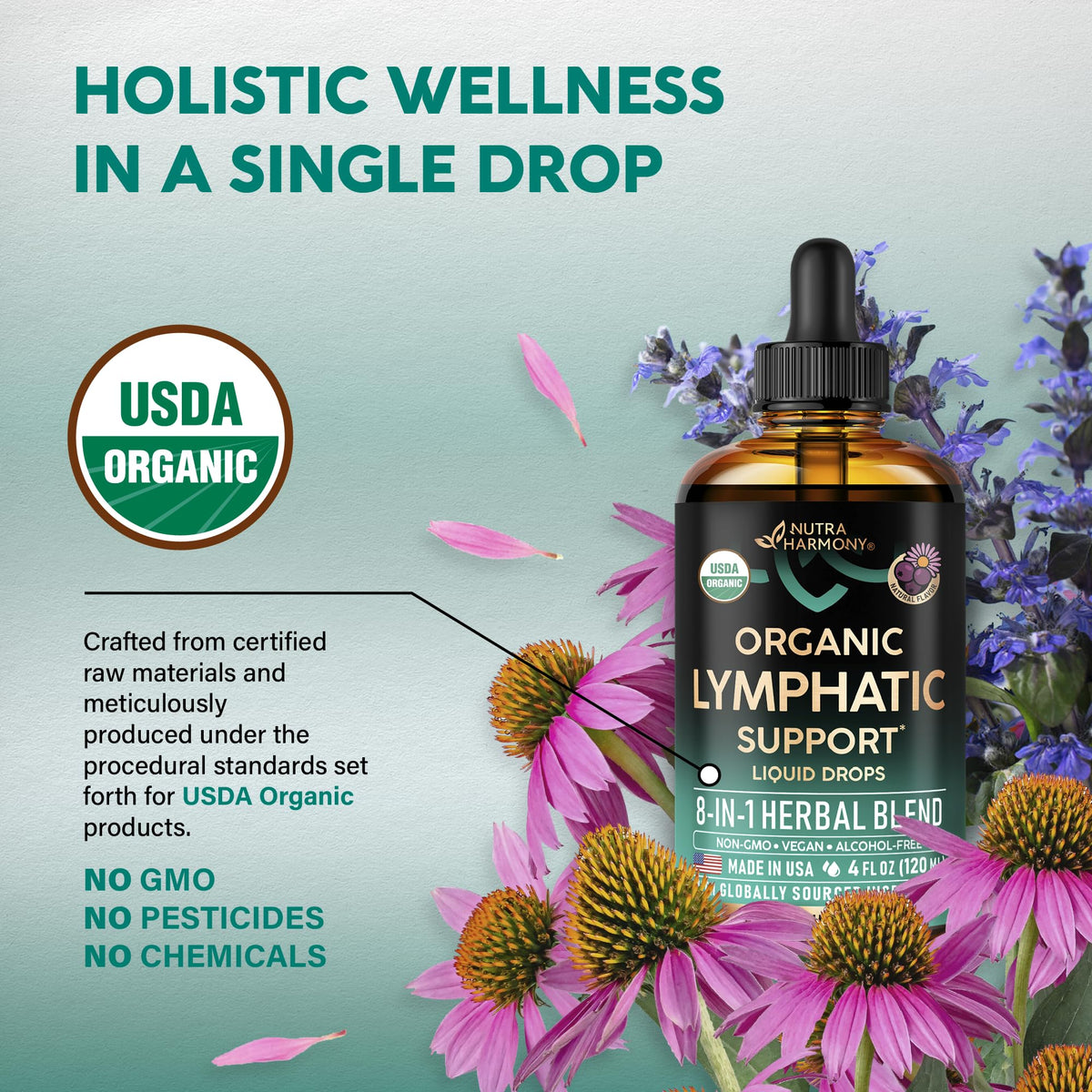USDA Organic Lymphatic Drainage Supplement - Echinacea | Elderberry | Dandelion | Rosehip | Cleavers | Calendula | Burdock - Made in USA - Lymph System Drops - FENGGESTORE20