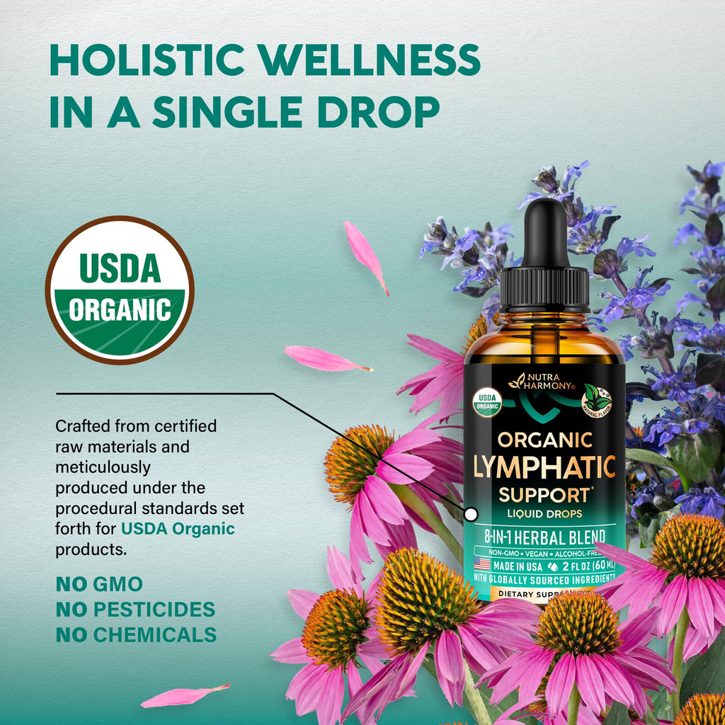 USDA Organic Lymphatic Drainage Supplement - Echinacea | Elderberry | Dandelion | Rosehip | Cleavers | Calendula | Burdock - Made in USA - Lymph System Drops - Immune Support, Cleanse & Detox, 2 fl oz - FENGGESTORE20