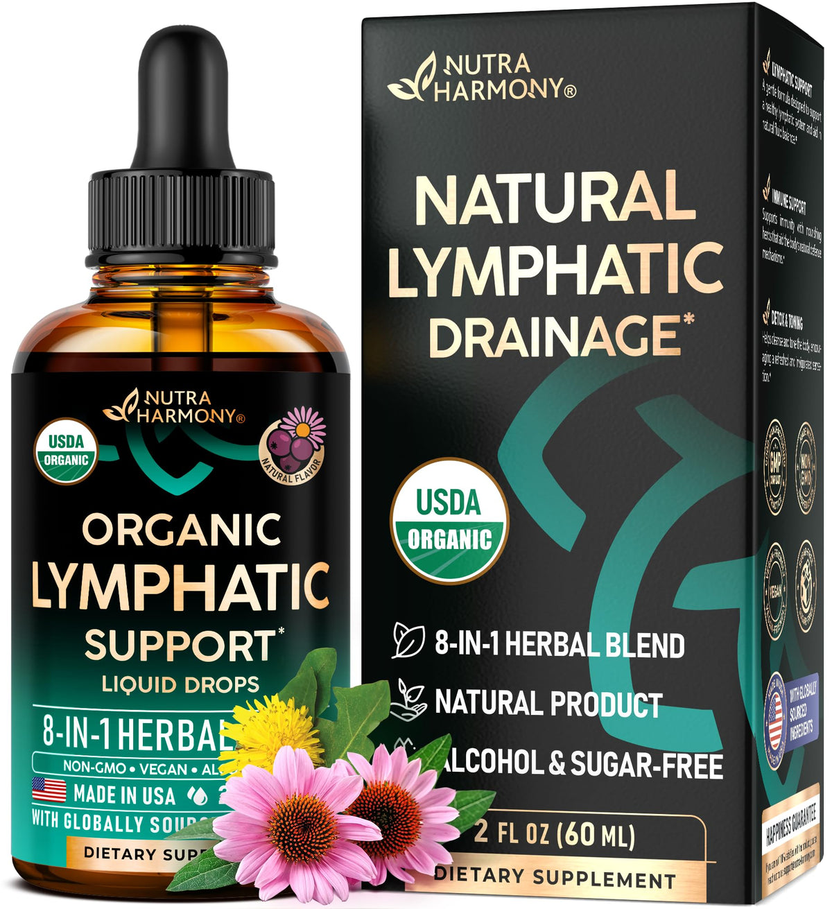 USDA Organic Lymphatic Drainage Supplement - Echinacea | Elderberry | Dandelion | Rosehip | Cleavers | Calendula | Burdock - Made in USA - Lymph System Drops - Immune Support, Cleanse & Detox, 2 fl oz - FENGGESTORE20
