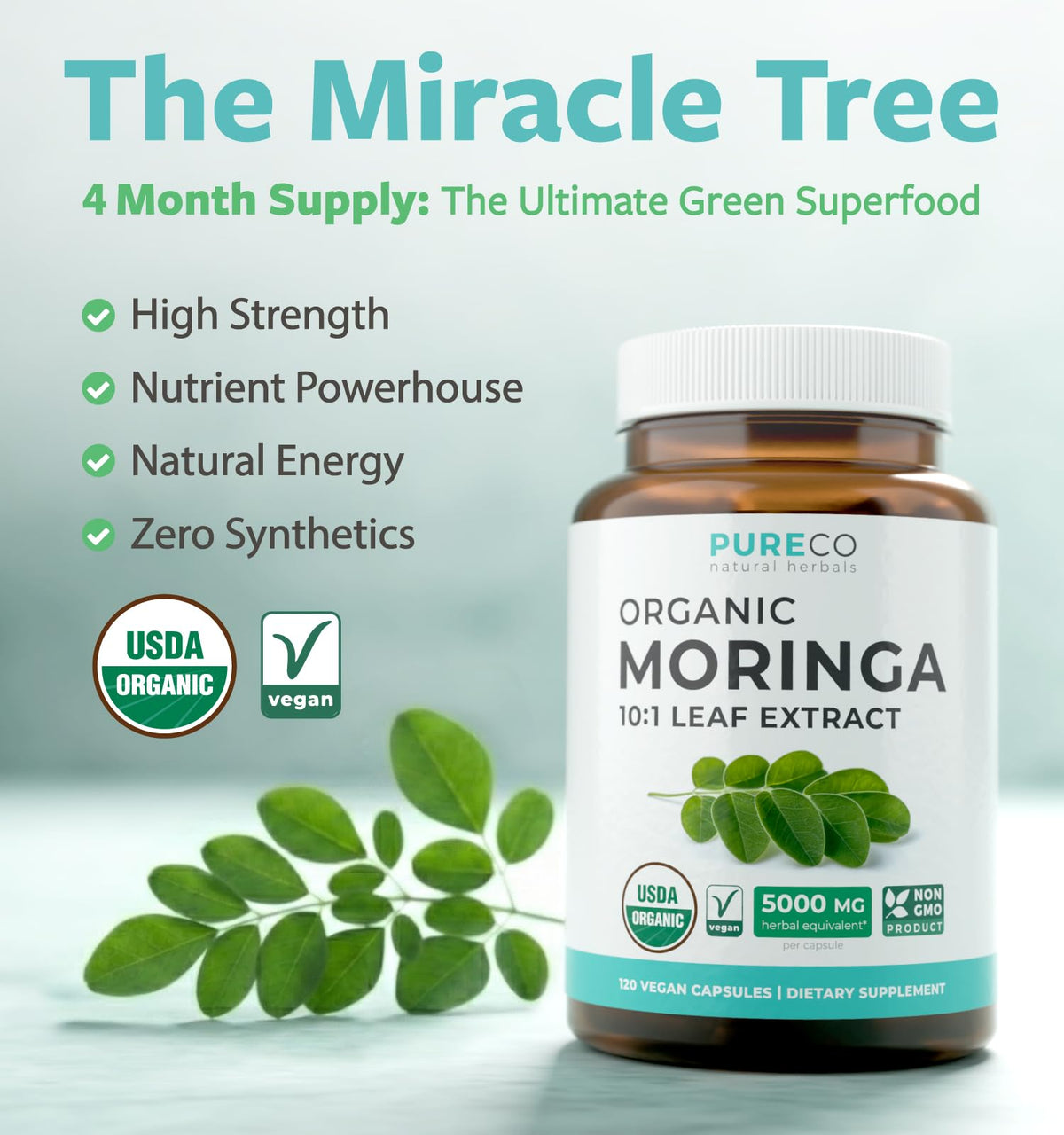 USDA Organic Moringa Capsules - High Potency Organic Moringa 500mg Extract 10:1 Per 1 Capsule Serving - Nutrient Dense Green Superfood Antioxidant - FENGGESTORE20