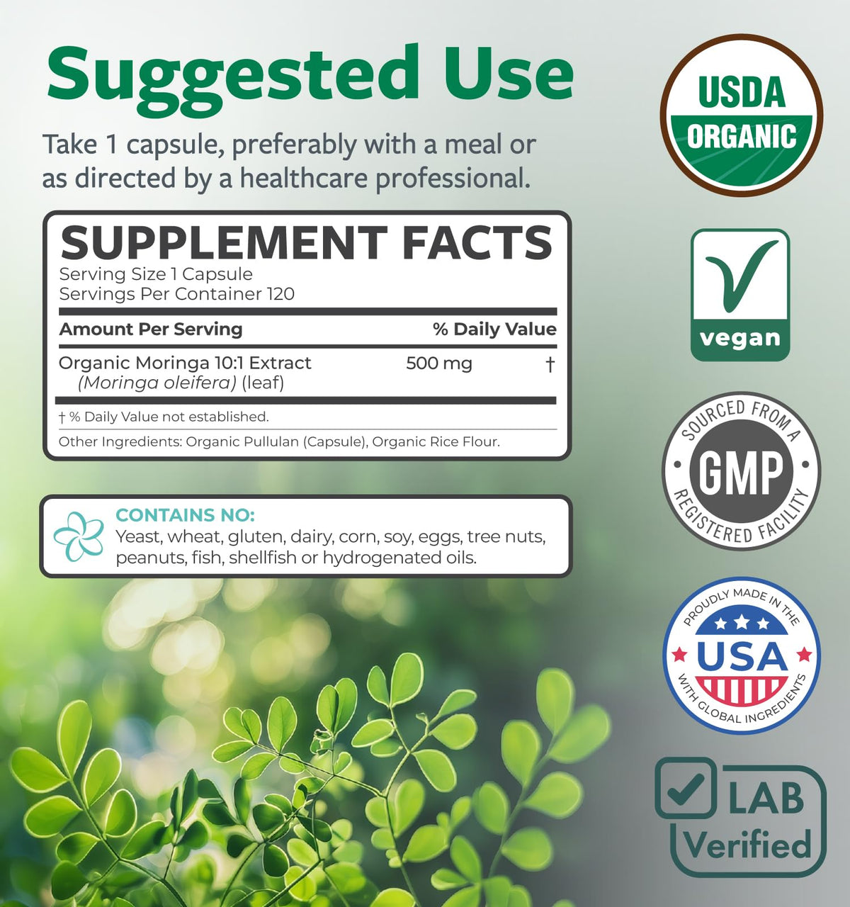 USDA Organic Moringa Capsules - High Potency Organic Moringa 500mg Extract 10:1 Per 1 Capsule Serving - Nutrient Dense Green Superfood Antioxidant - FENGGESTORE20
