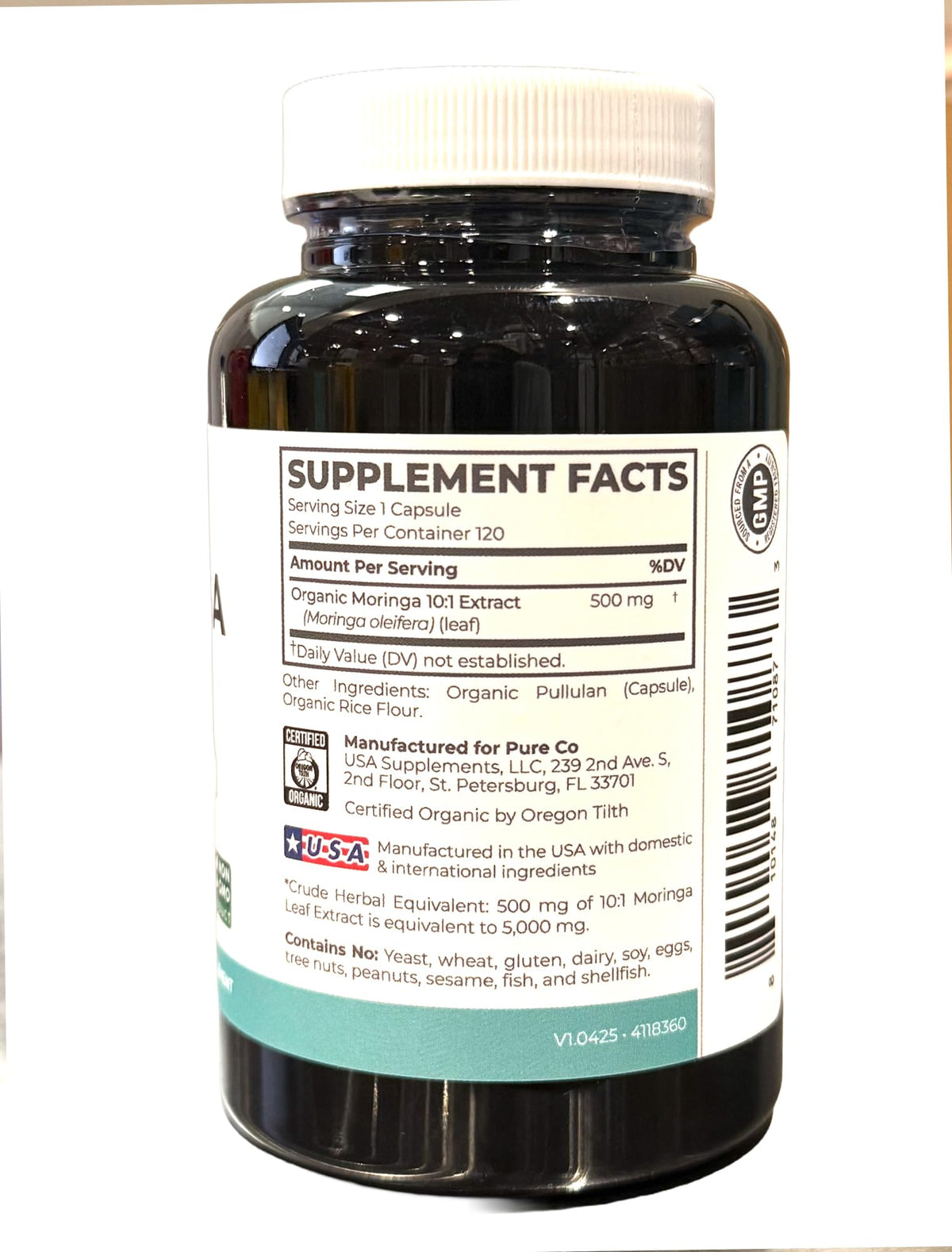 USDA Organic Moringa Capsules - High Potency Organic Moringa 500mg Extract 10:1 Per 1 Capsule Serving - Nutrient Dense Green Superfood Antioxidant - FENGGESTORE20