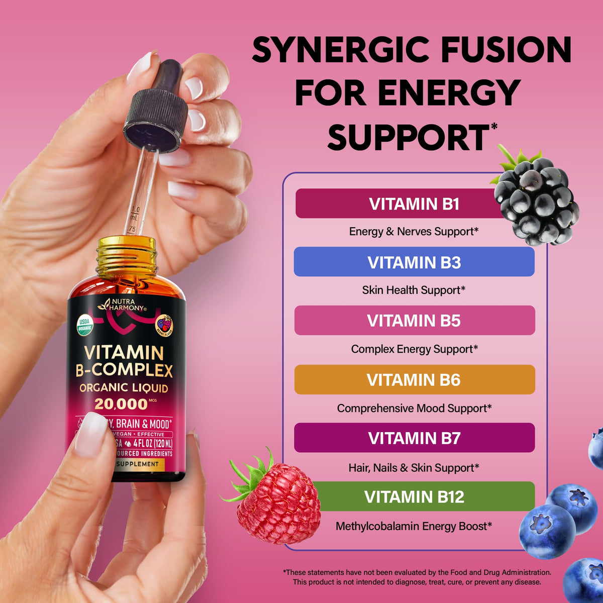USDA Organic Vitamin B-Complex B5 Pantothenic Acid | B12 Methylcobalamin | B1 Thiamine | B6 Pyridoxine | B7 Biotin | B9 Folic | B3 Niacinamide - FENGGESTORE20