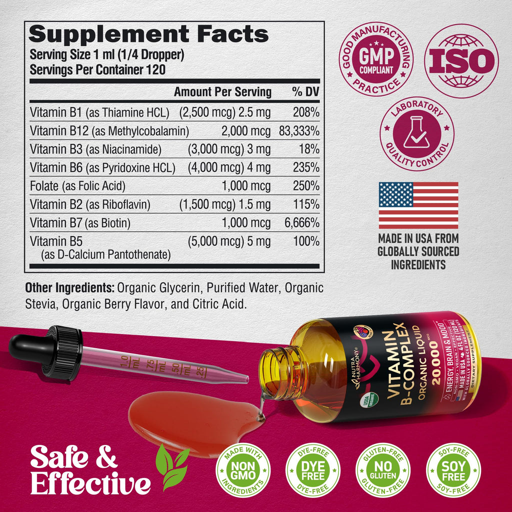 USDA Organic Vitamin B-Complex B5 Pantothenic Acid | B12 Methylcobalamin | B1 Thiamine | B6 Pyridoxine | B7 Biotin | B9 Folic | B3 Niacinamide - FENGGESTORE20