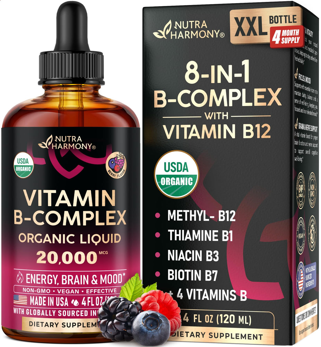 USDA Organic Vitamin B-Complex B5 Pantothenic Acid | B12 Methylcobalamin | B1 Thiamine | B6 Pyridoxine | B7 Biotin | B9 Folic | B3 Niacinamide - FENGGESTORE20
