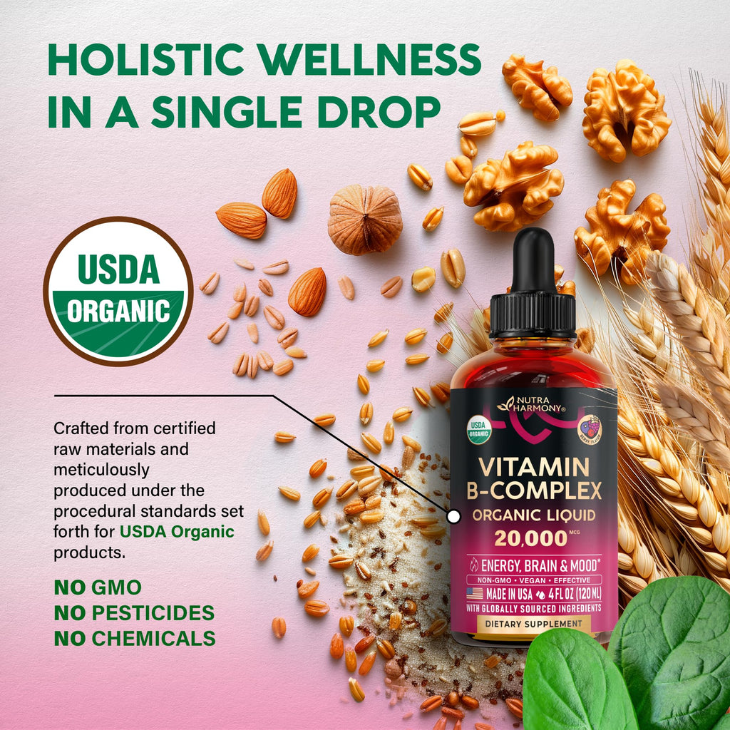 USDA Organic Vitamin B-Complex B5 Pantothenic Acid | B12 Methylcobalamin | B1 Thiamine | B6 Pyridoxine | B7 Biotin | B9 Folic | B3 Niacinamide - FENGGESTORE20