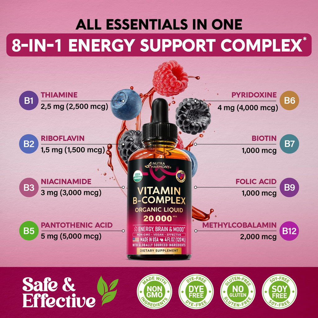 USDA Organic Vitamin B-Complex B5 Pantothenic Acid | B12 Methylcobalamin | B1 Thiamine | B6 Pyridoxine | B7 Biotin | B9 Folic | B3 Niacinamide - FENGGESTORE20