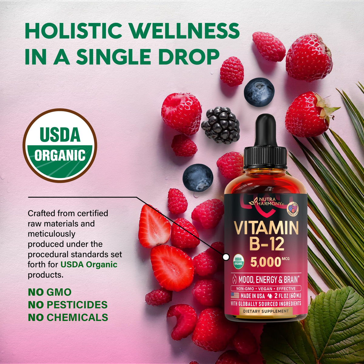USDA Organic Vitamin B12 Sublingual Drops - 5000 mcg Liquid Vegan Methylcobalamin for Women & Men - Energy Boost, Focus & Mood, Brain Health Support - FENGGESTORE20